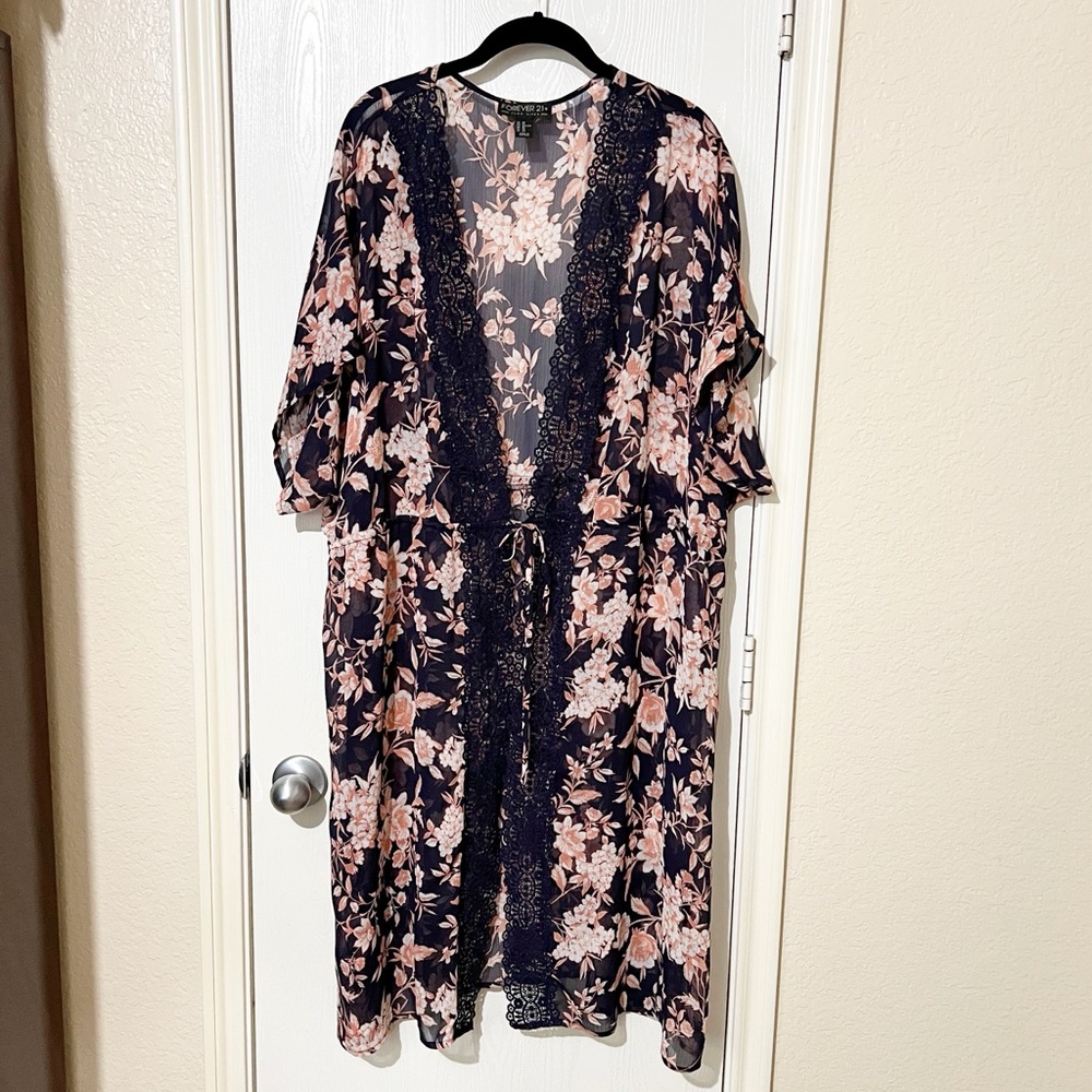 Forever 21 Floral Open Front Kimono Lacey Trim Swim Cover Beach Vacation 3X